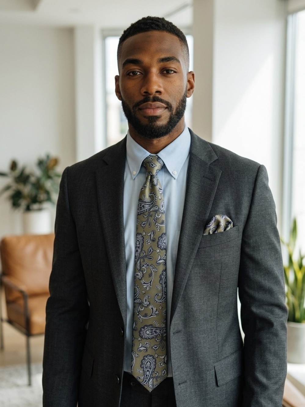 Roundtree & Yorke Olive Green Paisley Men's Tie with Navy Accents